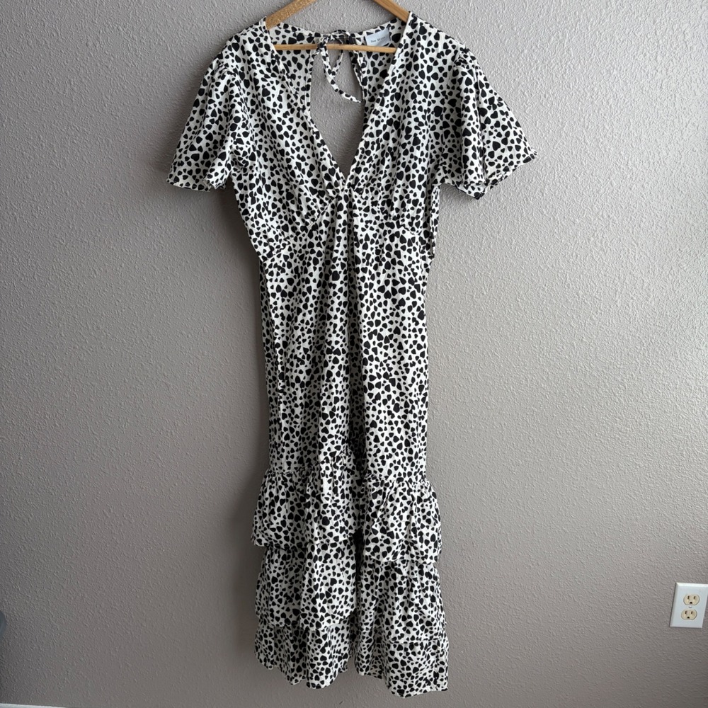 Rue Stiic White Linen Cotton Blend V-Neck Maxi Ruffle Dress Black Hearts L